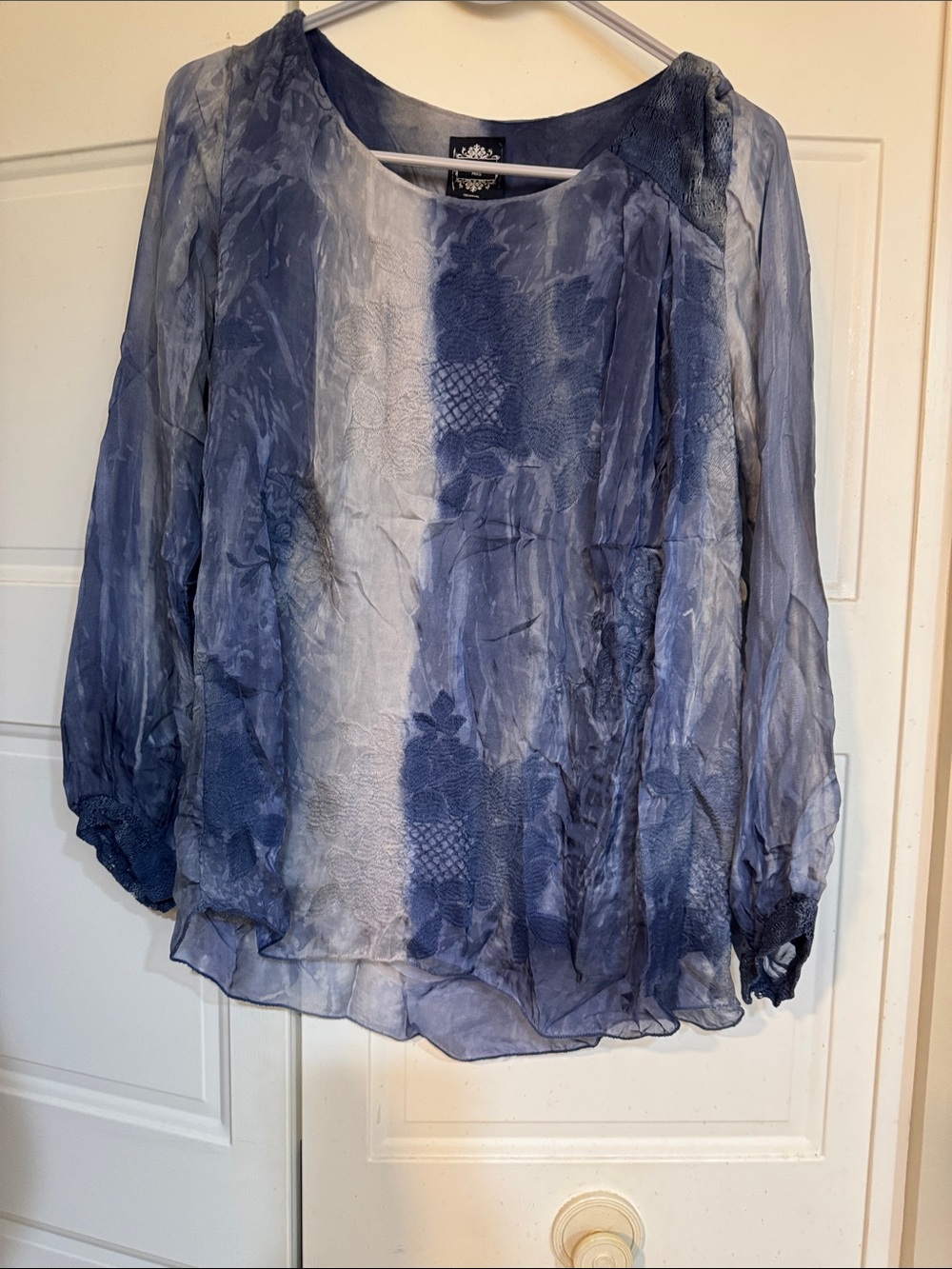 Sheer Blue Patterned Long-Sleeve Blouse